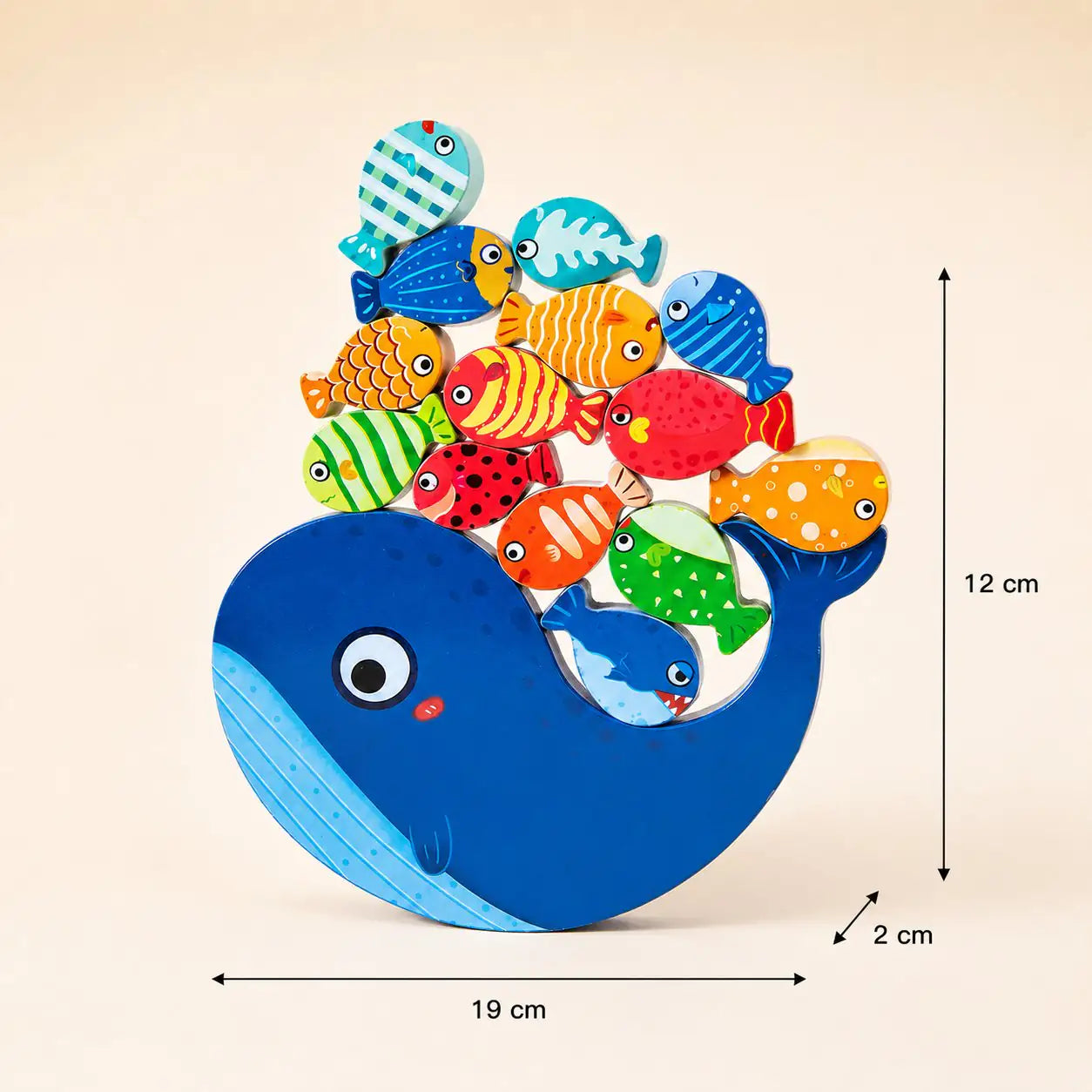 Wooden whale balancing toy size chart with dimensions for each whale size