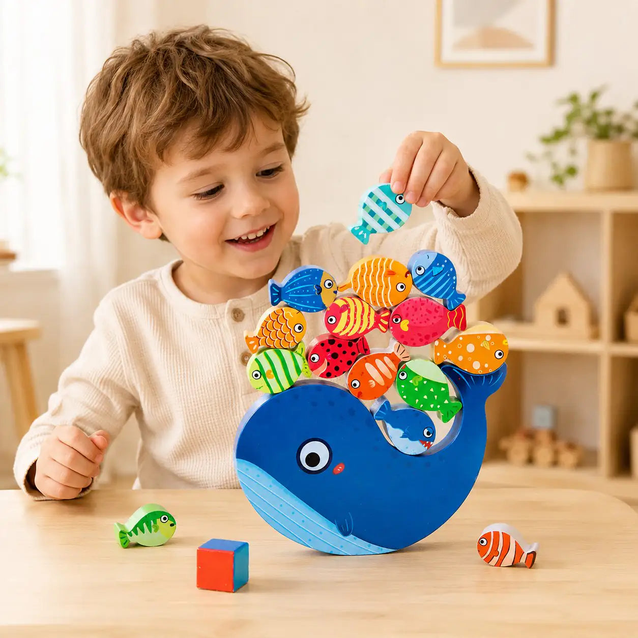 Wooden whale balancing toy styled in a calm toddler nursery play scene