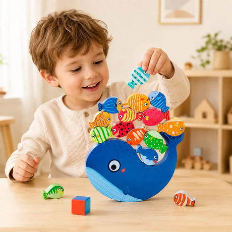 Wooden whale balancing toy styled in a calm toddler nursery play scene