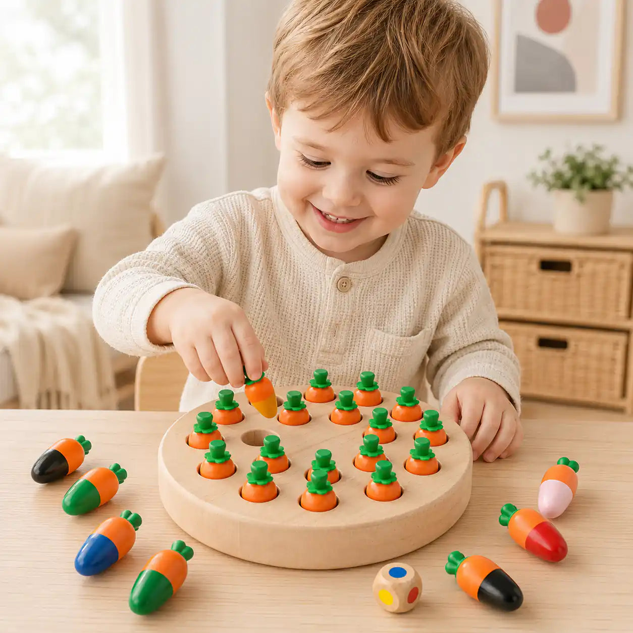 Child playing wooden carrot memory game at a table, lifting a colored carrot from the wooden board