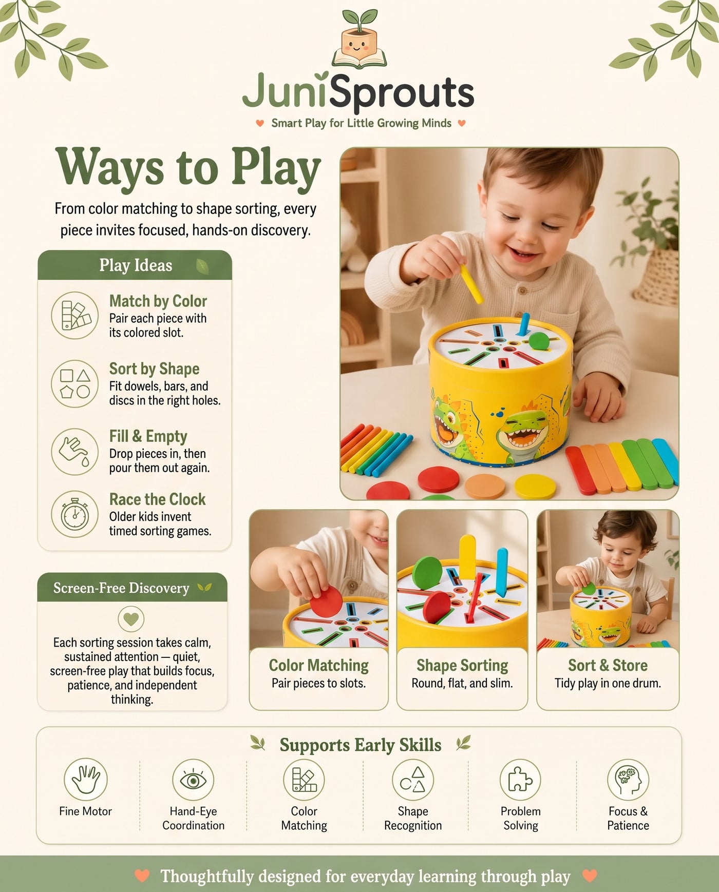 Dinosaur Sorting Drum ways to play and early skills
