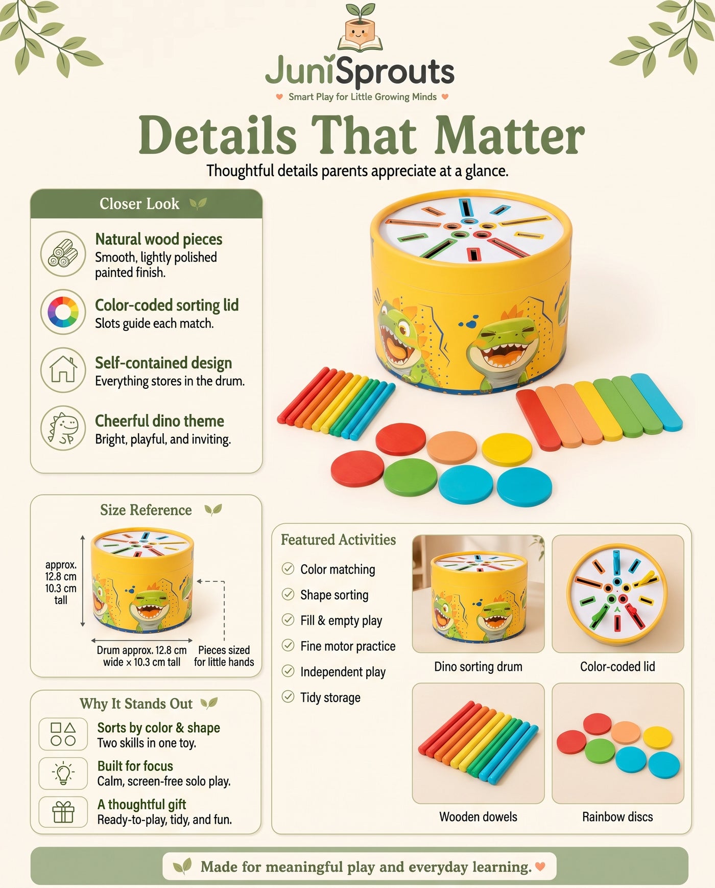 Dinosaur Sorting Drum details, size reference and featured activities
