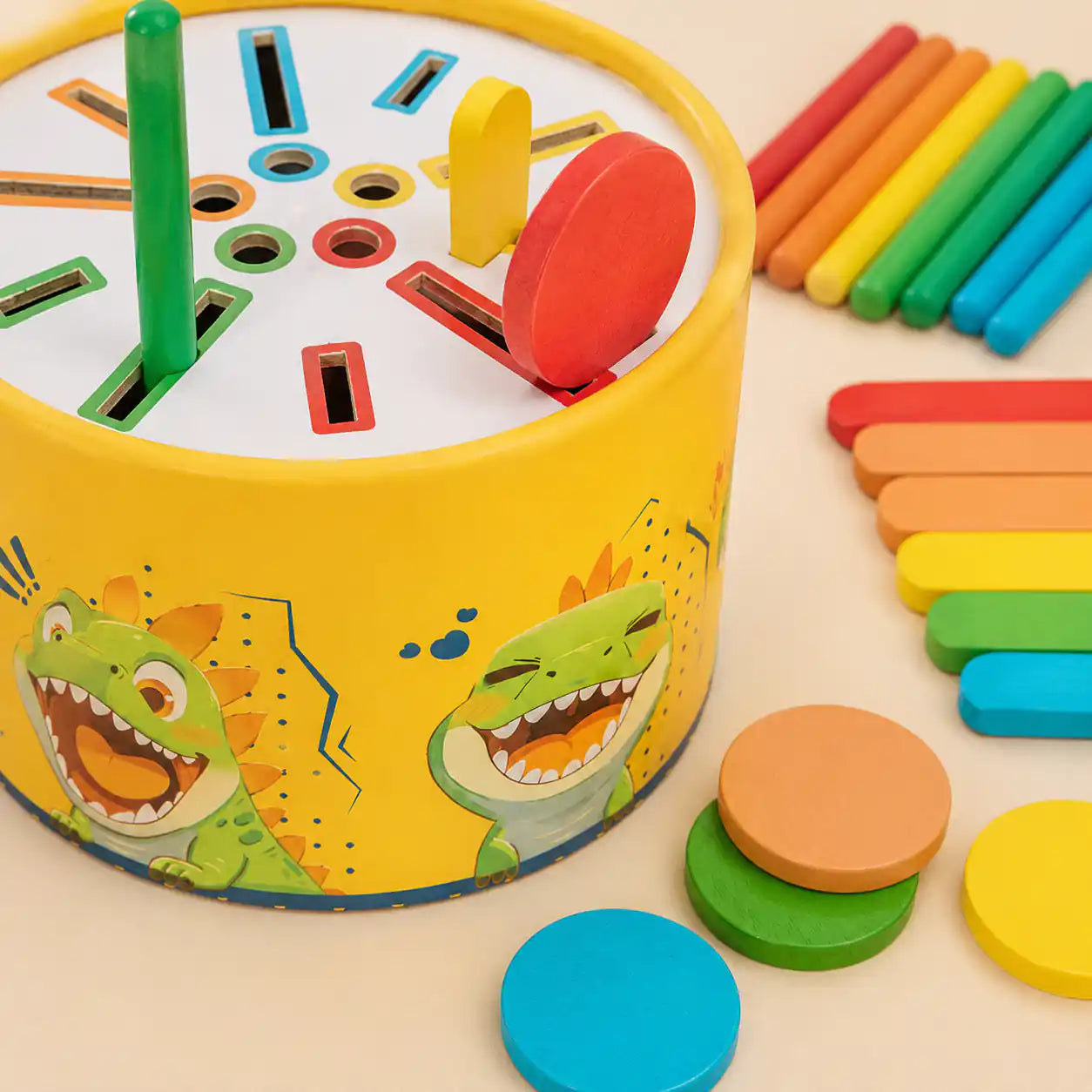 Wooden dinosaur sorting drum dimensions and size reference chart