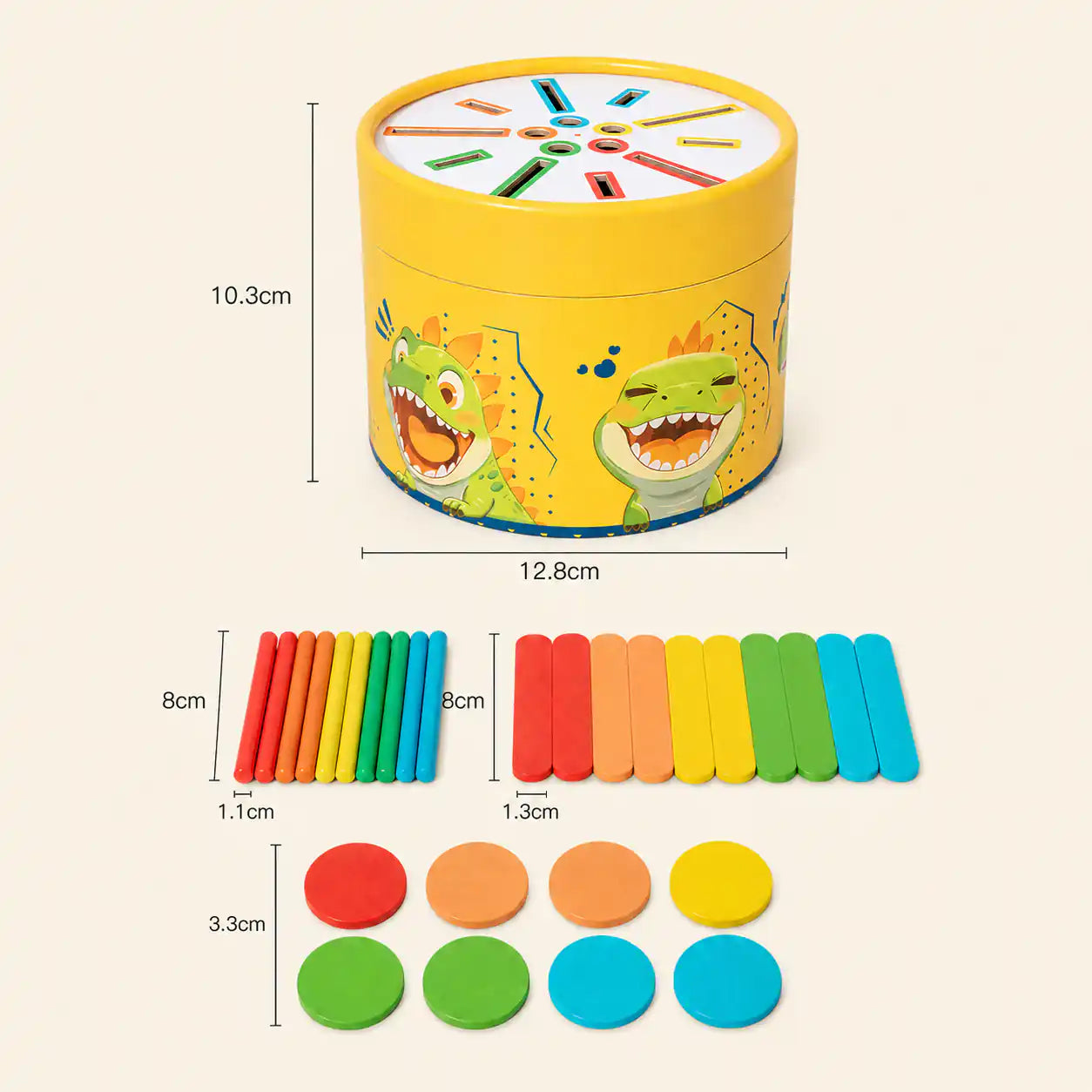 Dinosaur color sorting drum styled as a Montessori-inspired gift