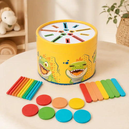 Dinosaur sorting drum with colorful wooden dowels, bars, and rainbow discs