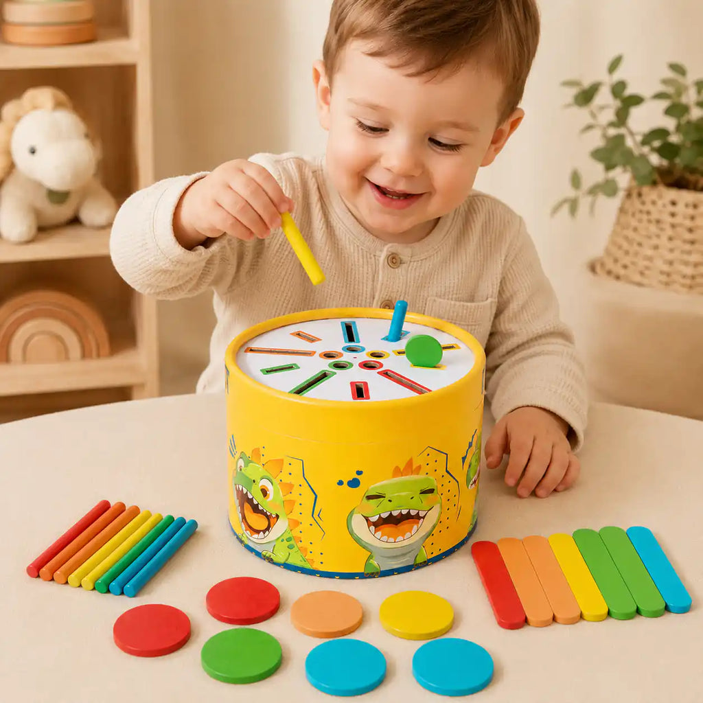 Dinosaur sorting drum styled in a Montessori-inspired playroom setting