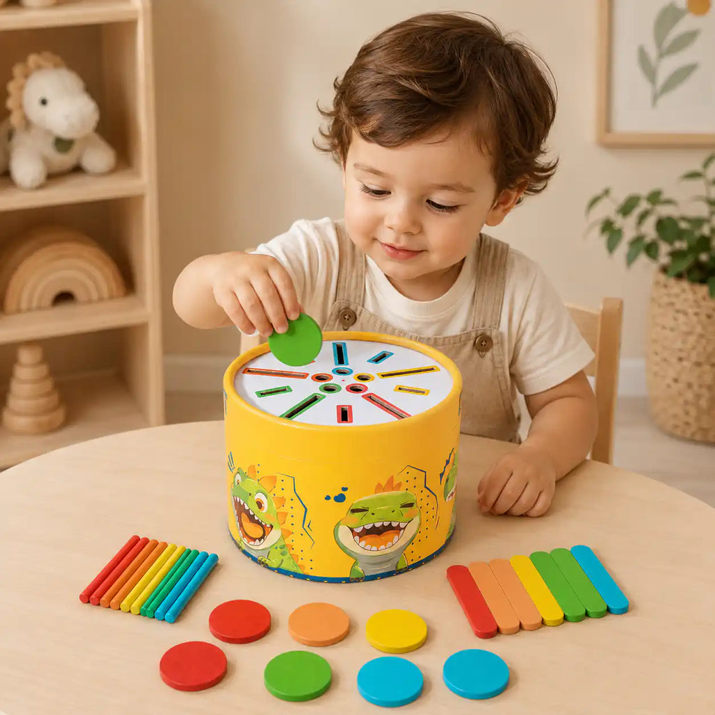 Toddler engaging with the Montessori dinosaur sorting drum activity