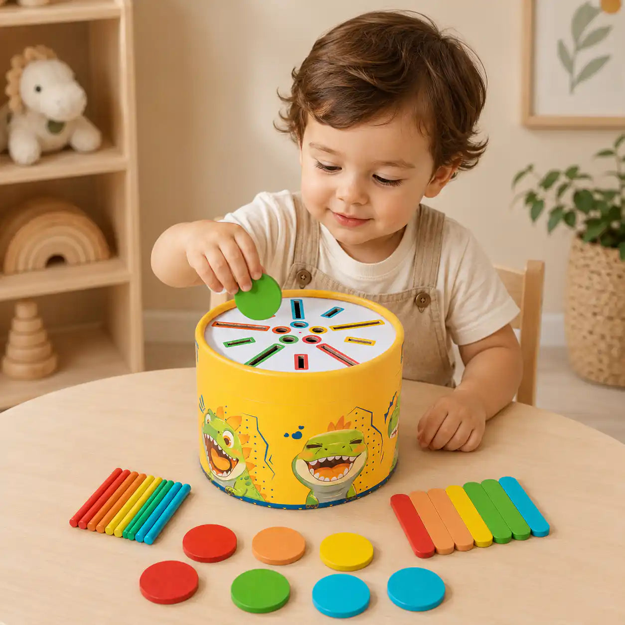 Toddler engaging with the Montessori dinosaur sorting drum activity