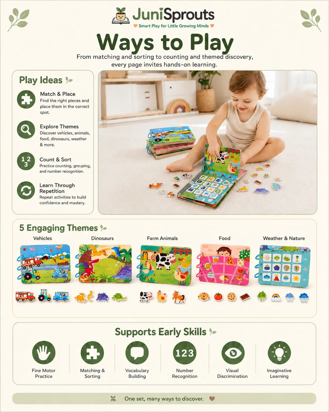 Child matching velcro pieces in the Montessori busy book set, supporting fine motor skills, vocabulary, sorting and counting for ages 3 and up.