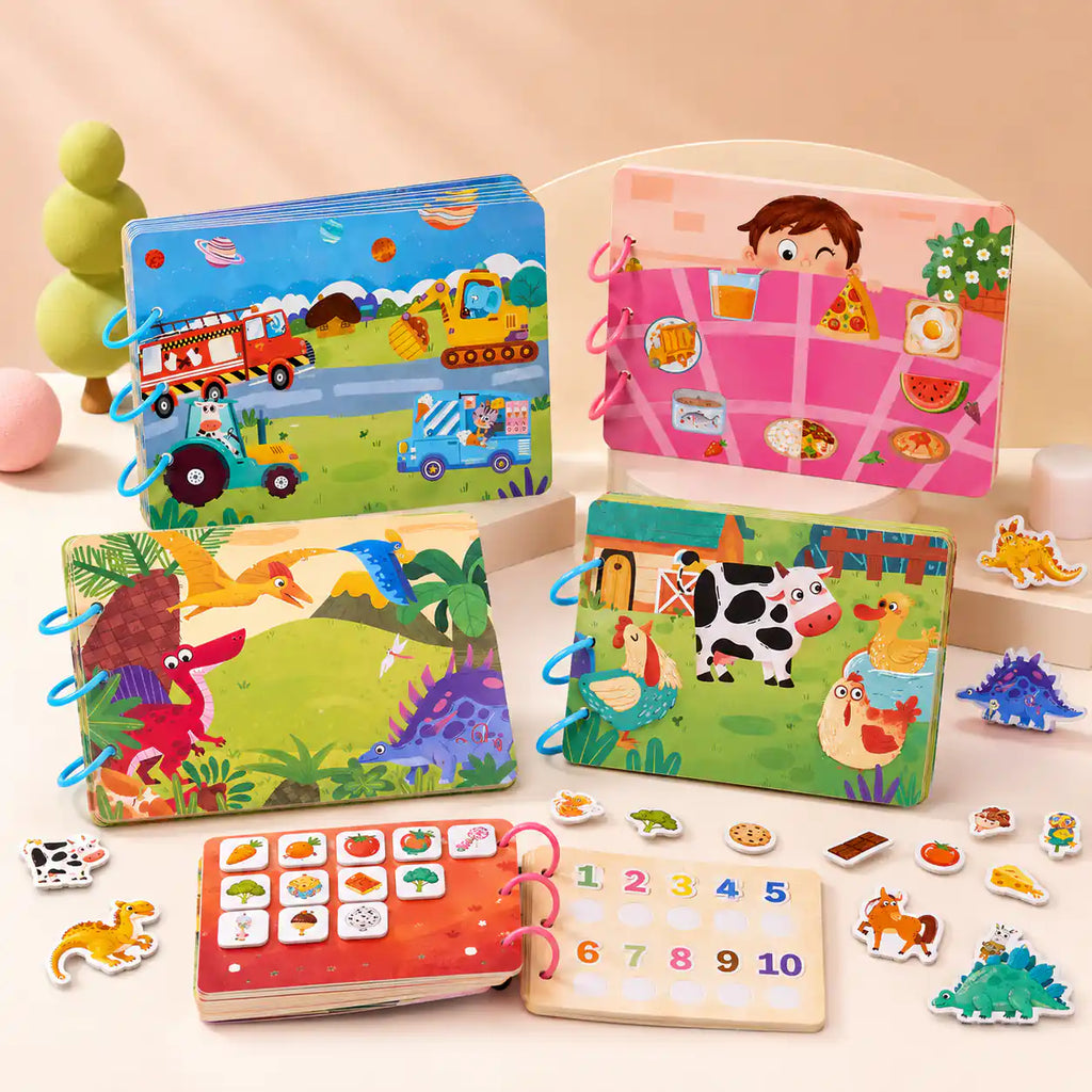 Montessori busy book set closed on a soft cream surface, hero shot