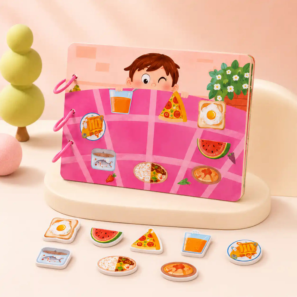 Close-up of Montessori busy book pieces with hook-and-loop attachments on a colorful page