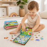 Montessori busy book set styled in a warm nursery play scene
