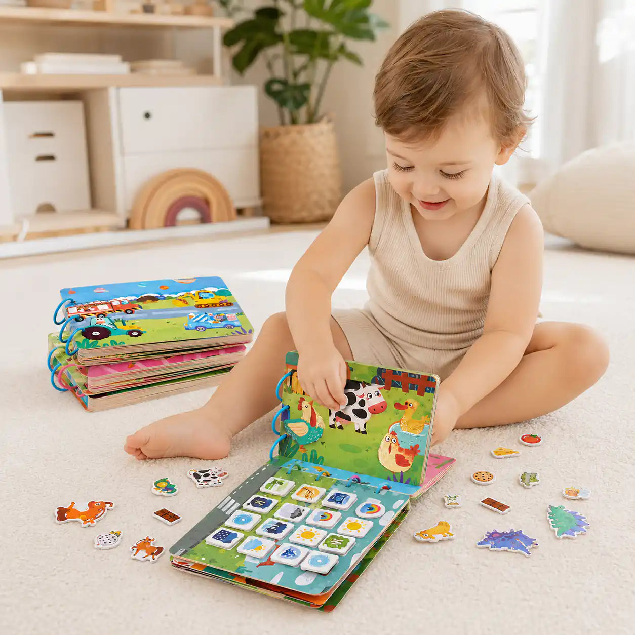 Montessori busy book set styled in a warm nursery play scene
