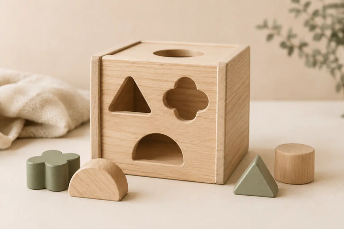 Natural wooden Montessori-inspired toddler toy on a warm cream background — JuniSprouts screen-free wooden learning toys for ages 1–4.