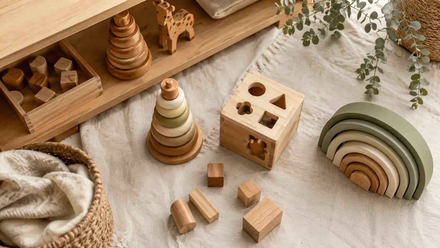 Flat lay of natural wooden Montessori toys — rainbow stacker, blocks, shape sorter — on cream linen, showing the 2026 wooden toy trend