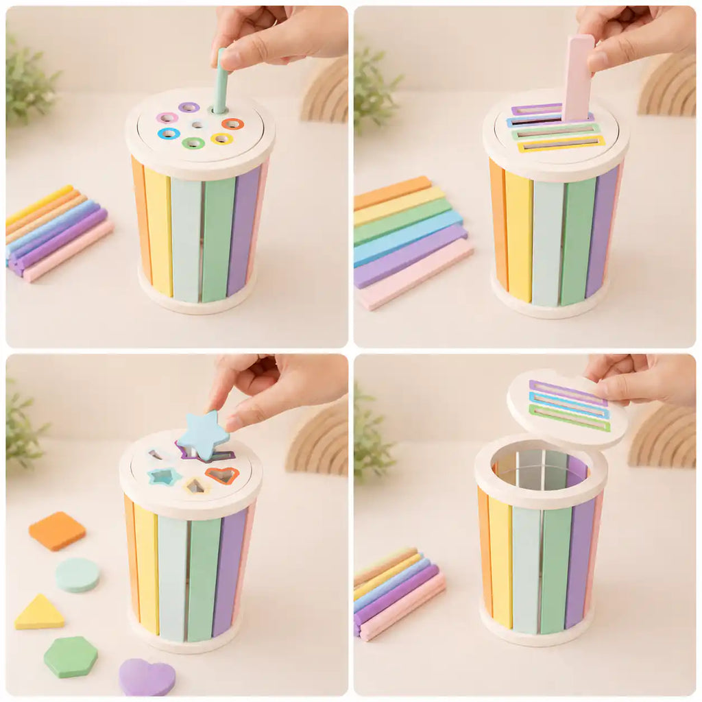 Pastel wooden multi-sorter cylinder with shapes, dowels, and sticks displayed in a flat lay on warm neutral background