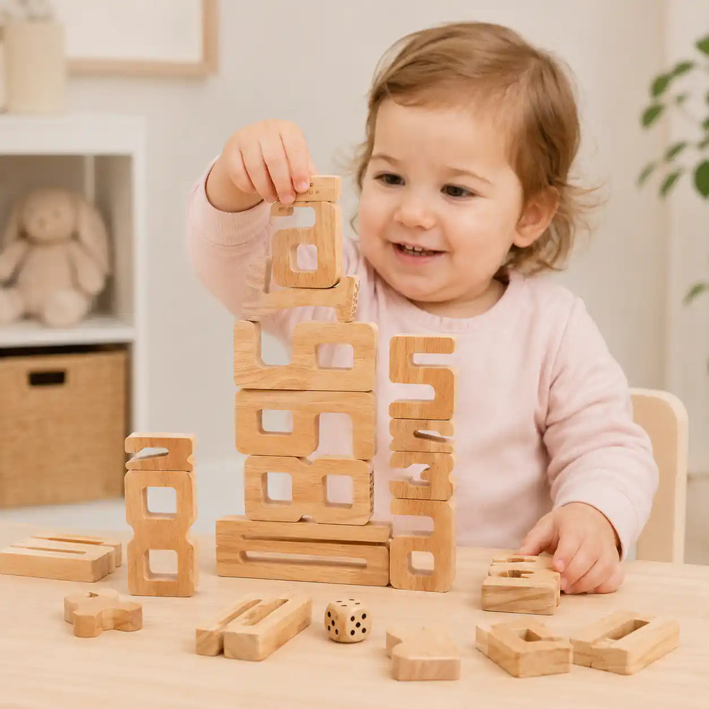 Preschool girl sitting at a white table playing with natural wood stacking number blocks, including a tall stack of 7 and 8