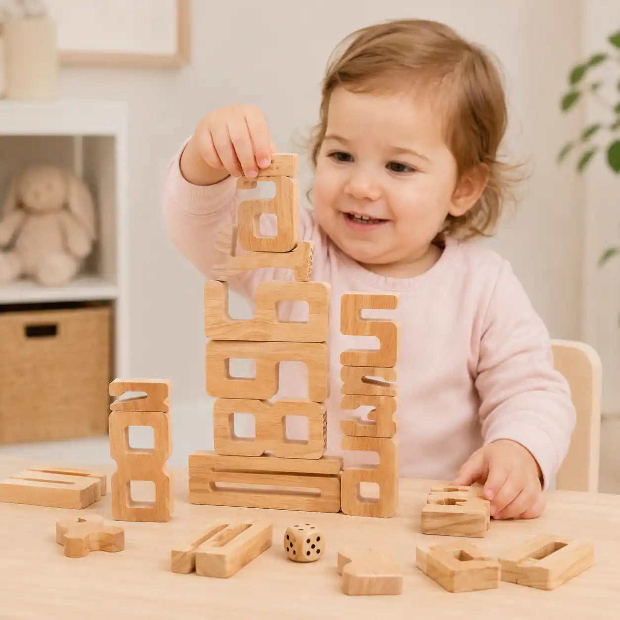 Preschool girl sitting at a white table playing with natural wood stacking number blocks, including a tall stack of 7 and 8