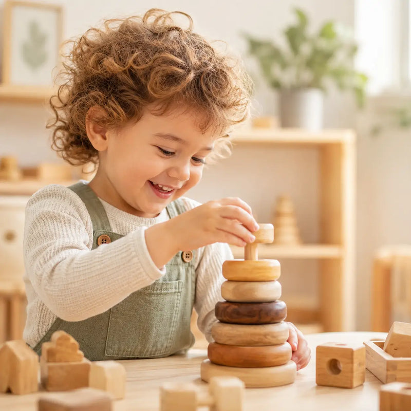 Young child stacking natural wooden rings in a bright Montessori-style playroom, showing hands-on learning through play.