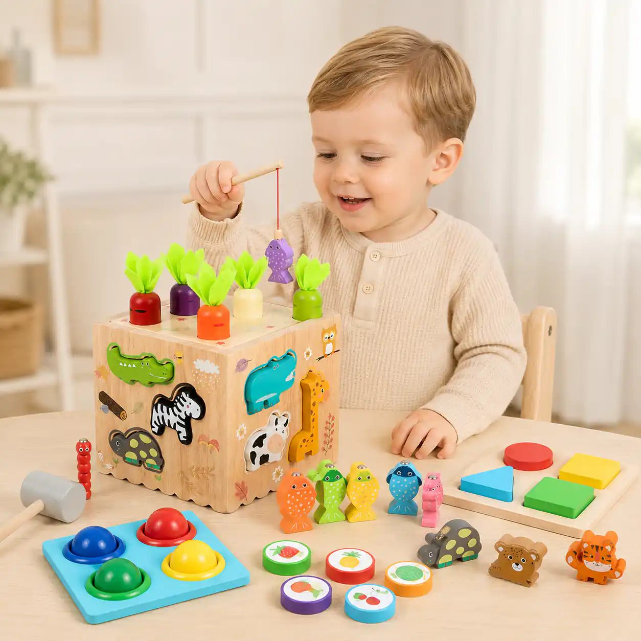 Smiling toddler boy holding a magnetic fishing rod above the wooden activity cube, with carrots on top and animal sorter pieces and accessories on the table