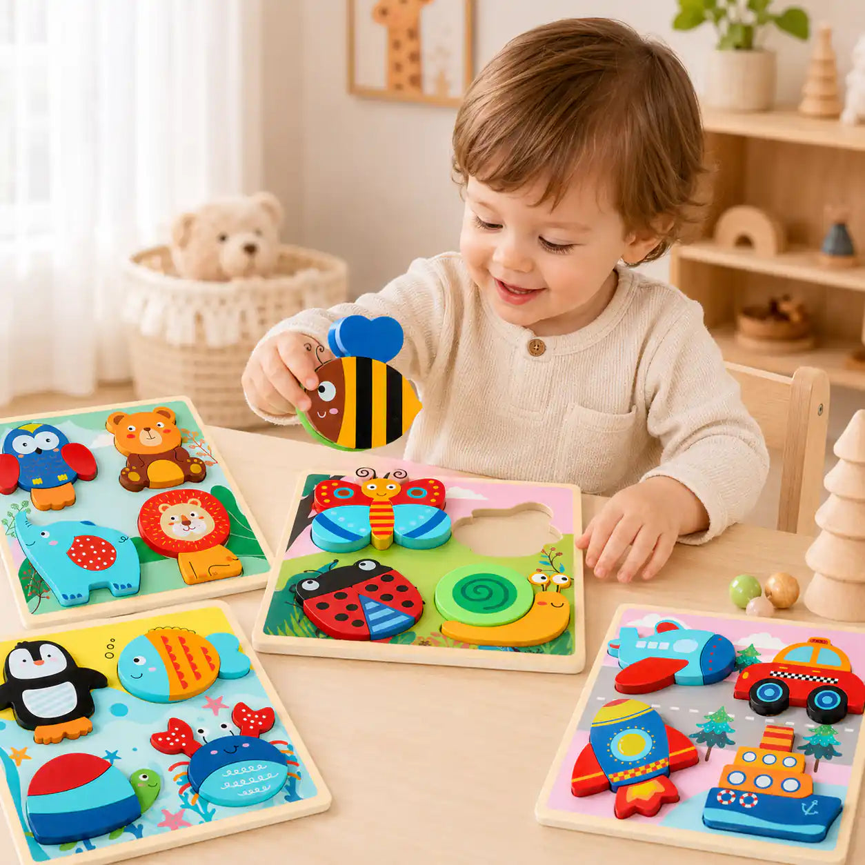 Smiling toddler boy holding a wooden bee piece above the chunky puzzle set, with all 4 toddler puzzle boards spread across the table