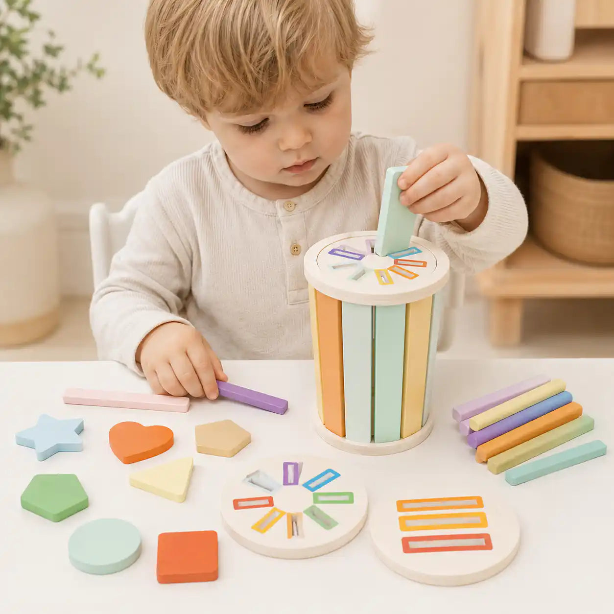 Toddler hands placing a green wooden shape piece into the cutout lid of the pastel wooden sorting cylinder during supervised play