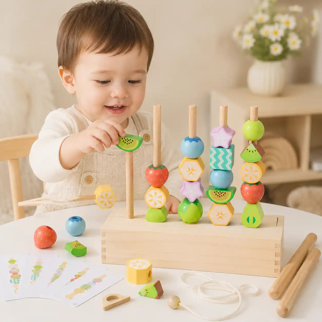 Smiling toddler placing a wooden kiwi bead onto one of four standing dowels in the wooden fruit bead stacking set
