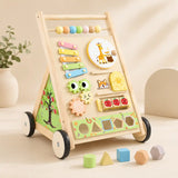 Wooden 10-in-1 Montessori activity walker with xylophone, gears, shape sorter, and animal-themed busy board panels on cream background