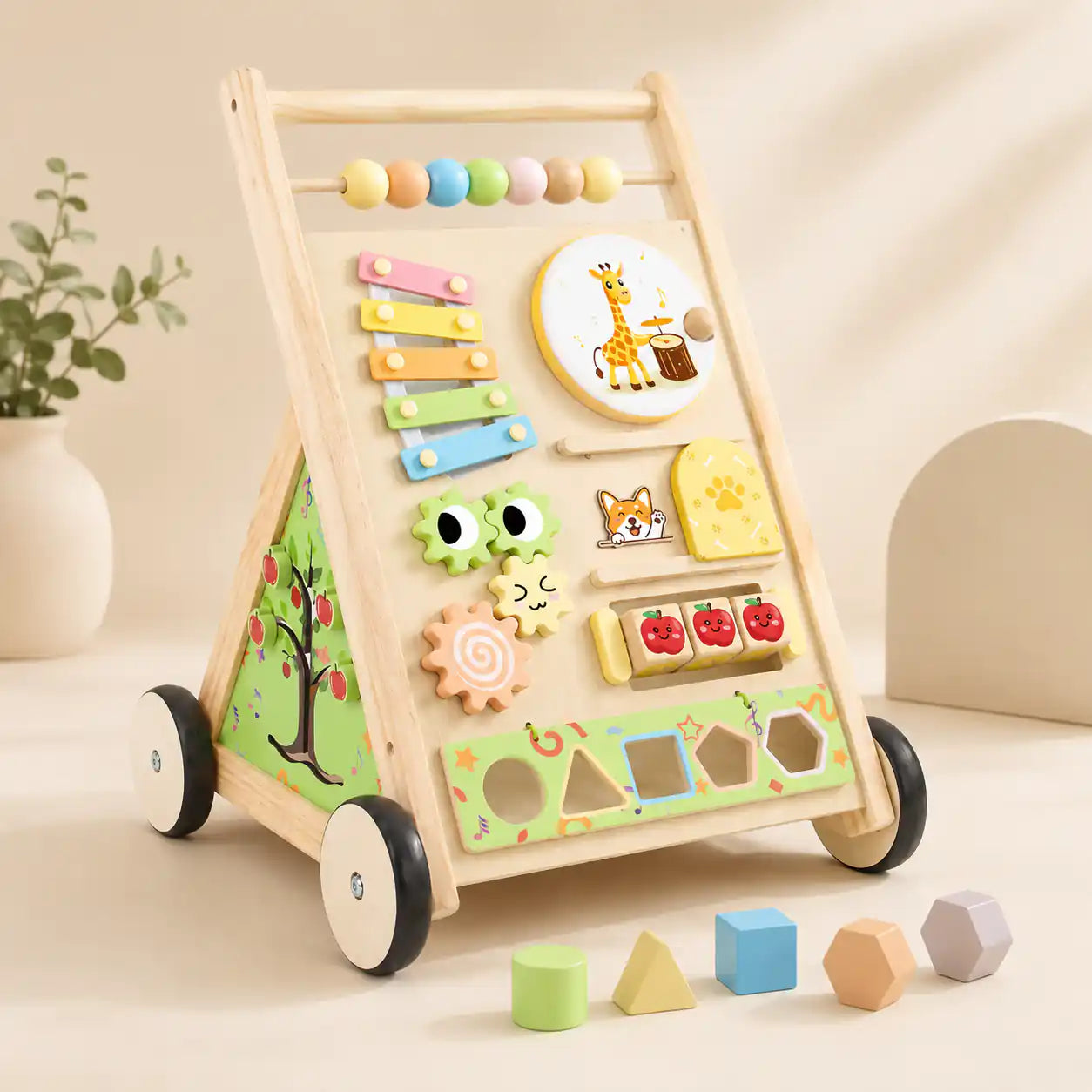Wooden 10-in-1 Montessori activity walker with xylophone, gears, shape sorter, and animal-themed busy board panels on cream background