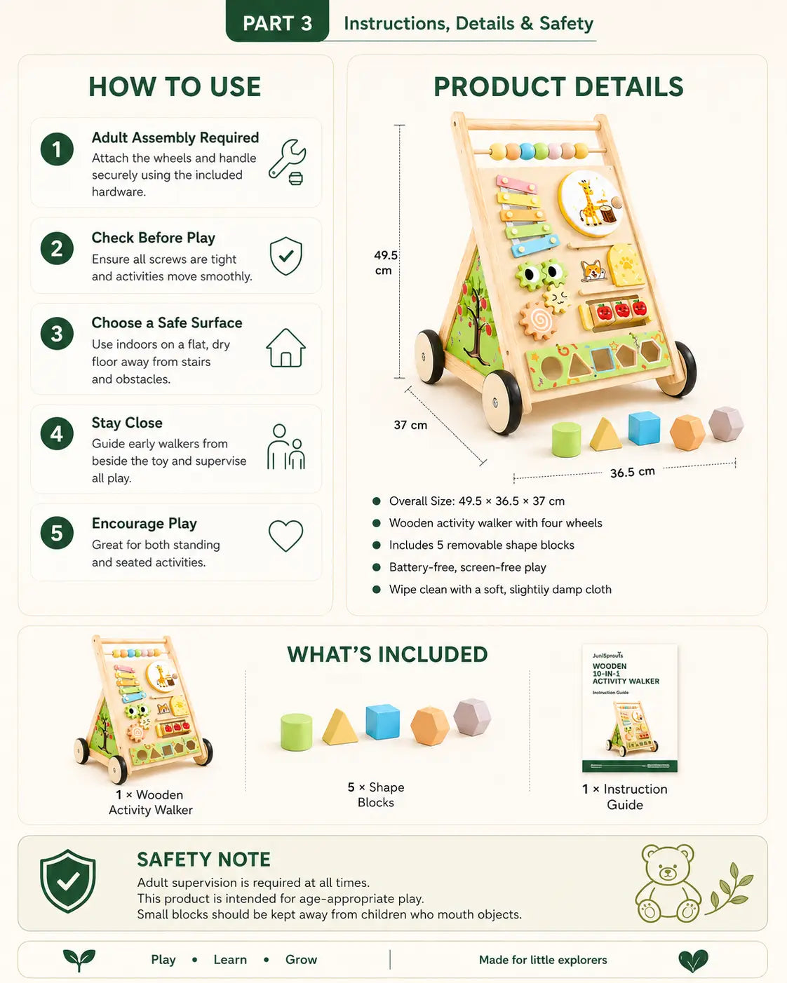 Wooden push walker and busy board in one, a Montessori-inspired first birthday gift for toddlers ages 1 and up learning to walk, sort and count.