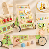 Wooden 10-in-1 activity walker feature breakdown showing xylophone, gears, drum, shape sorter, magnifying viewer, and apple rollers