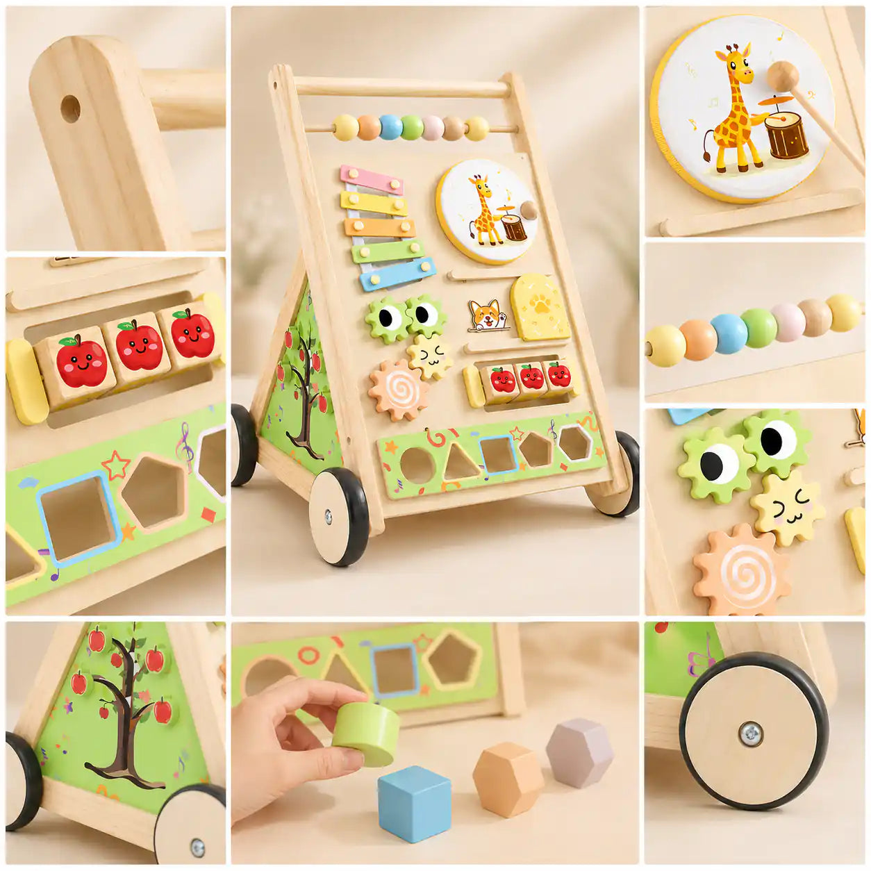 Wooden 10-in-1 activity walker feature breakdown showing xylophone, gears, drum, shape sorter, magnifying viewer, and apple rollers
