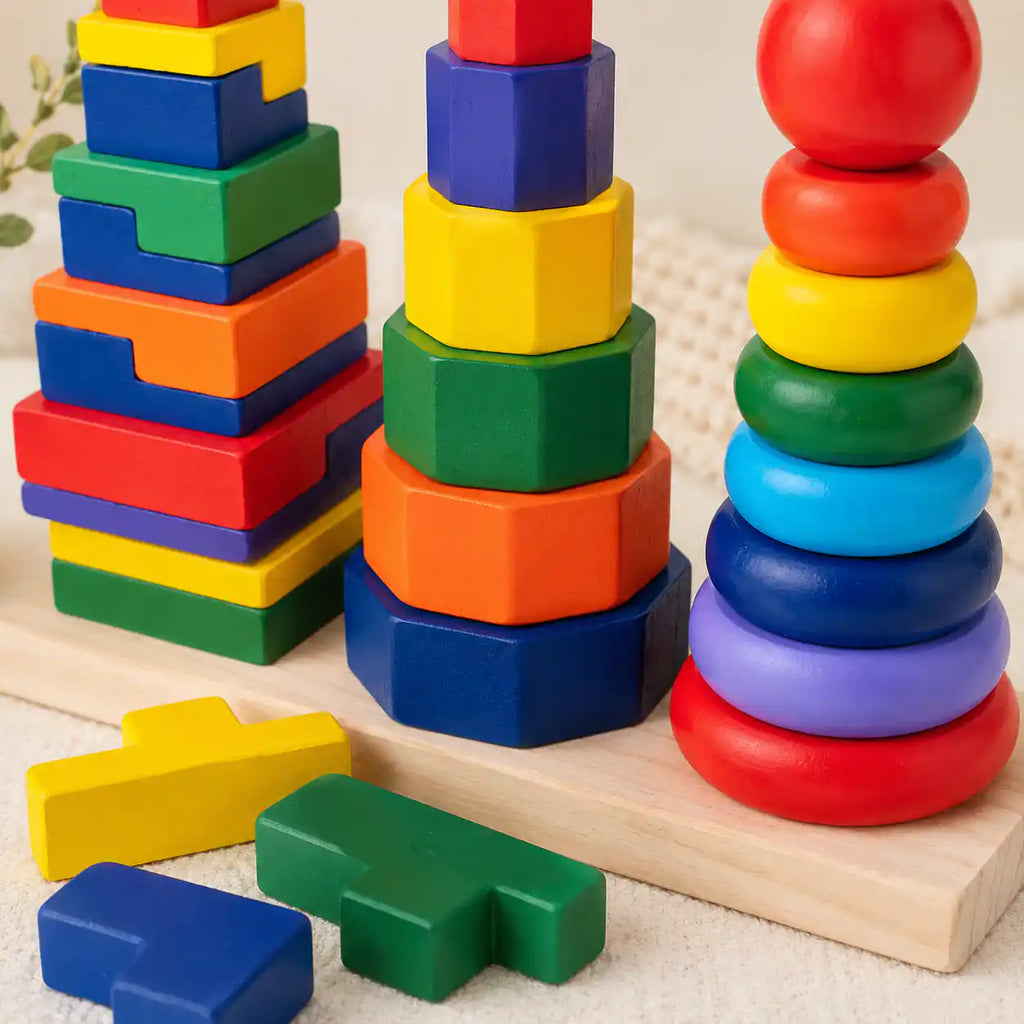 Close-up of the wooden 3-in-1 geometric stacker showing the colorful interlocking square, hexagonal, and ring towers in detail