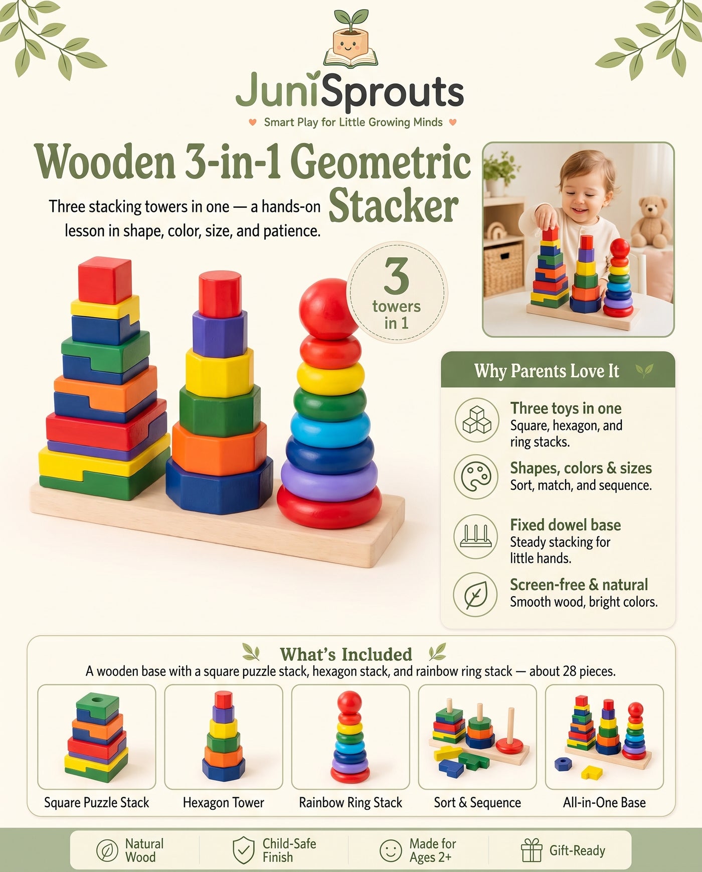 Wooden 3-in-1 Geometric Stacker overview — why parents love it and what's included