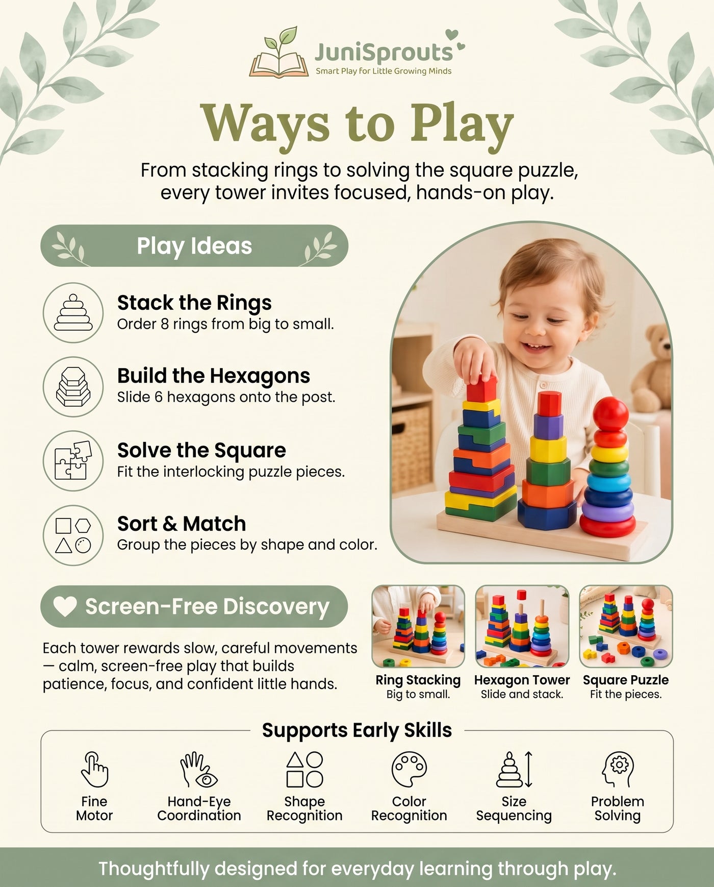 Wooden 3-in-1 Geometric Stacker ways to play and early skills