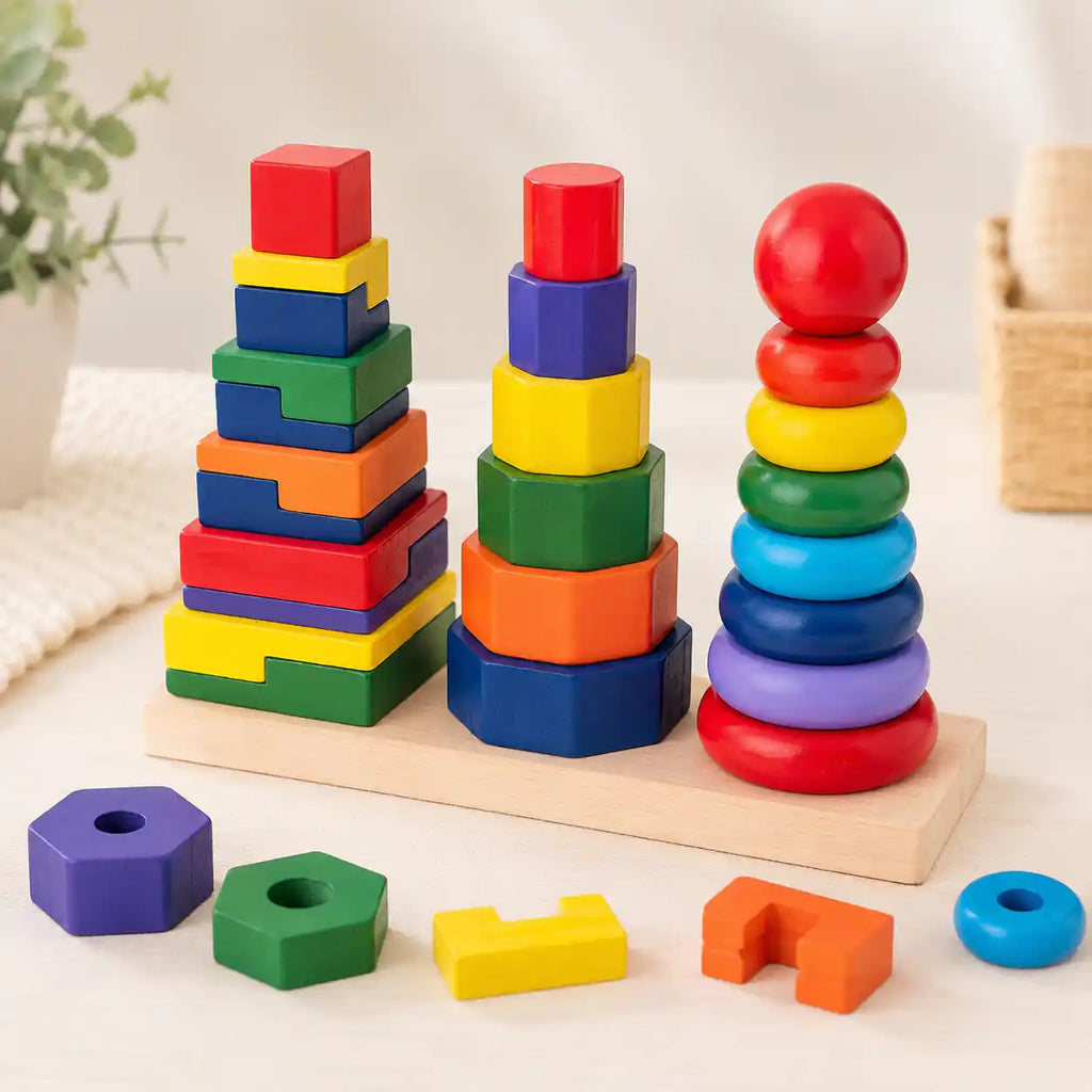 Wooden 3-in-1 geometric stacker with square interlocking puzzle, hexagonal dowel stack, and rainbow ring tower on a single wooden base, with loose pieces in front