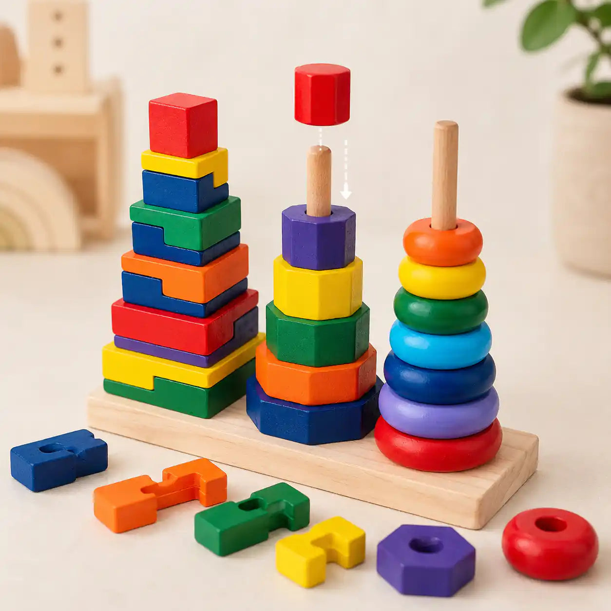 Wooden 3-in-1 geometric stacker with a dotted arrow showing a red top piece being placed onto the hexagonal dowel stack