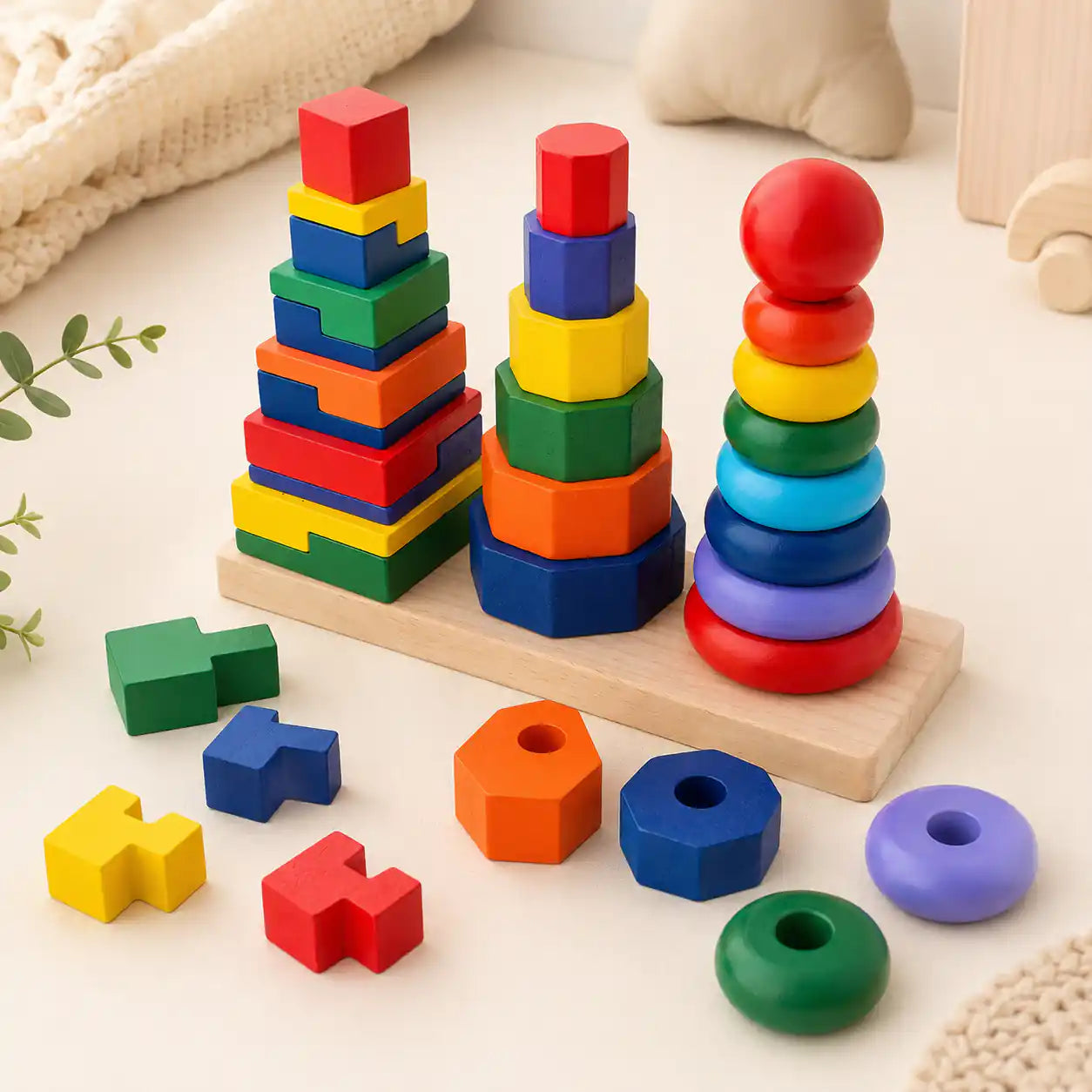 Side angle of the wooden 3-in-1 geometric stacker showing all three towers and loose stacking pieces in front of the base