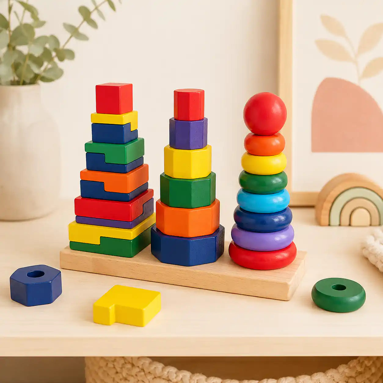 Wooden 3-in-1 geometric stacker styled on a light wood shelf with a ceramic vase, art print, and small wooden rainbow