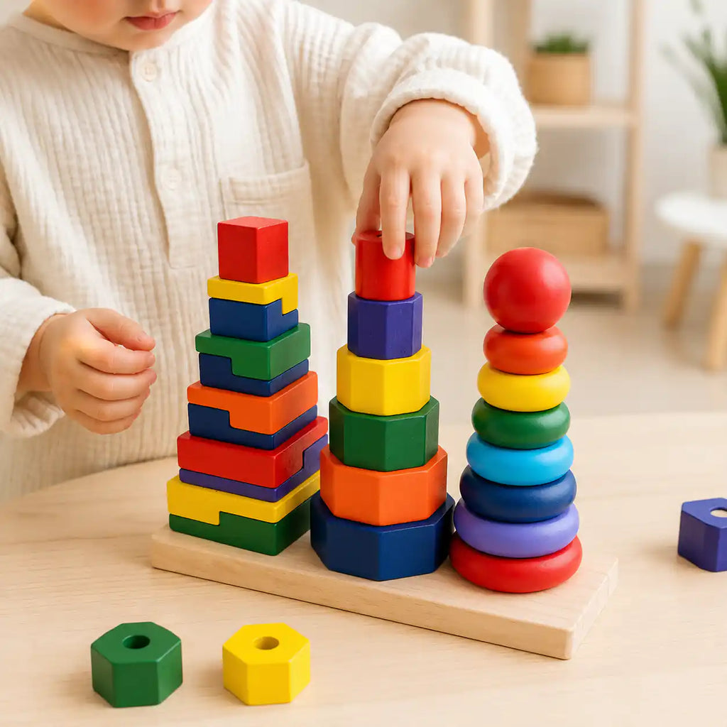 Toddler hands placing the red top piece onto the hexagonal stack of the wooden 3-in-1 geometric stacker