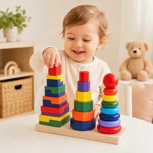Smiling toddler in a cream sweater placing a piece onto the wooden 3-in-1 geometric stacker in a softly lit nursery