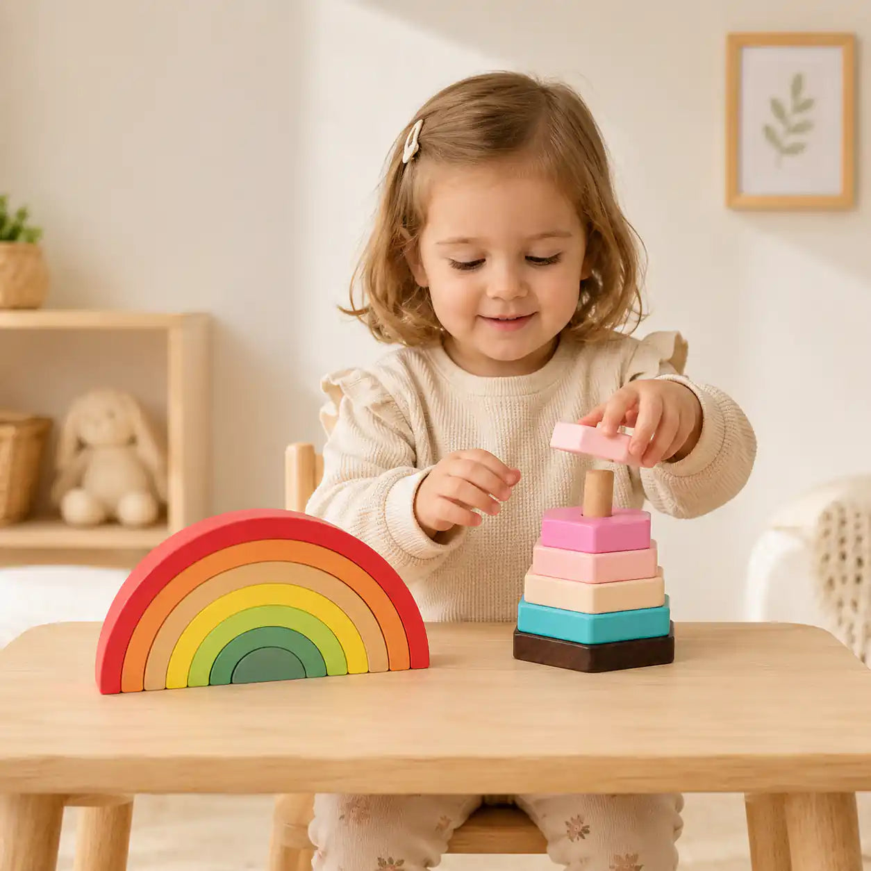 Wooden 4-in-1 learning bundle styled on a wooden table with counting abacus, hexagon stacker, rainbow puzzle, and pull-along xylophone