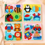 Flat-lay of the 4-pack wooden chunky puzzle set with garden bugs, ocean animals, forest friends, and vehicles puzzles for toddlers