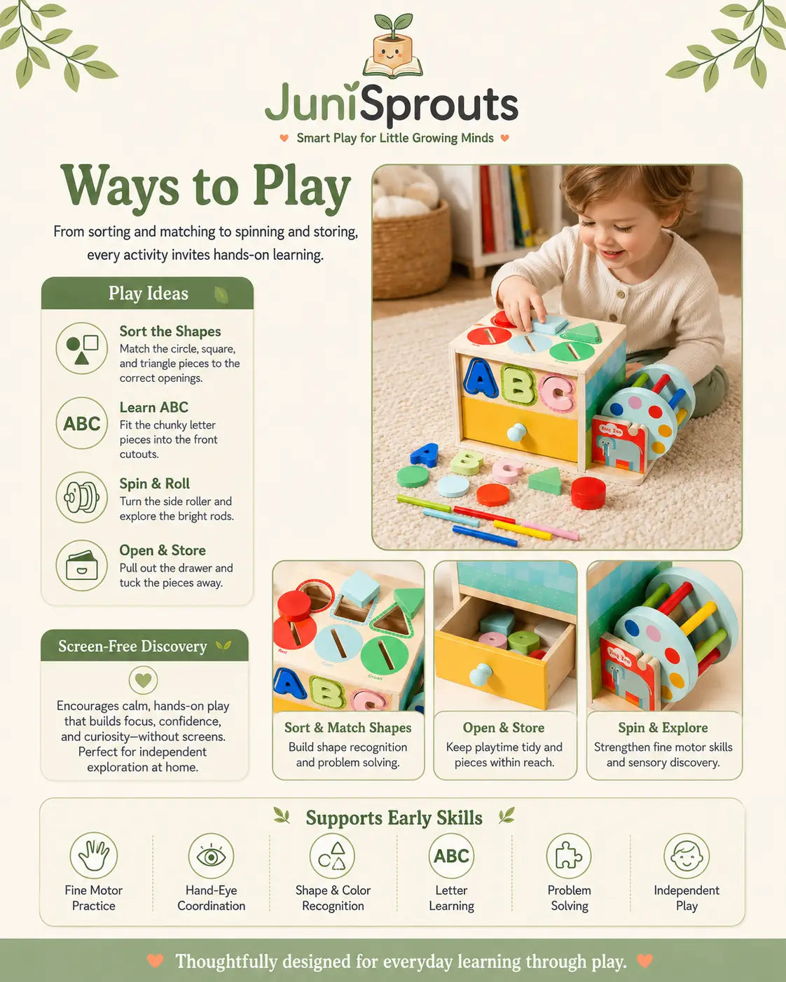 Toddler sorting shapes and coins on the wooden activity cube, supporting fine motor skills, shape and color recognition and early letters, ages 1 and up.