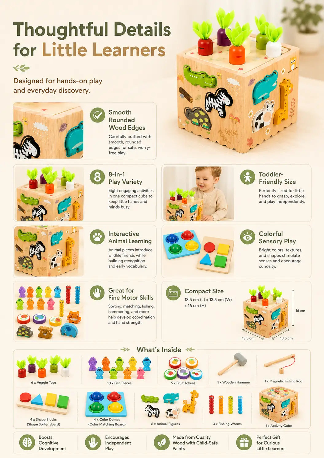 Close-up details of the wooden 8-in-1 activity cube — solid wood build, rounded painted pieces and swappable tops, with care and age guidance for ages 2+.