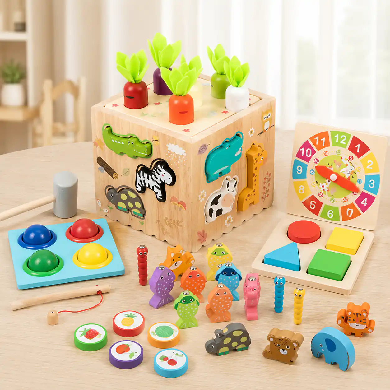 Wooden 8-in-1 Montessori activity cube with all interchangeable tops including carrot harvest, whack-a-mole, clock, shape sorter, fruit discs, and magnetic fishing pieces