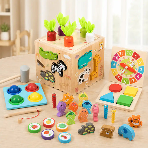 Wooden 8-in-1 Montessori activity cube with all interchangeable tops including carrot harvest, whack-a-mole, clock, shape sorter, fruit discs, and magnetic fishing pieces