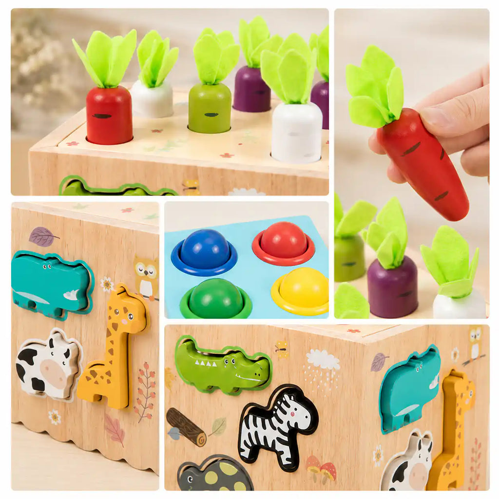Close-up details of the wooden activity cube including pull-up felt-leafed carrots, chunky animal sorter pieces, and colored whack-a-mole domes