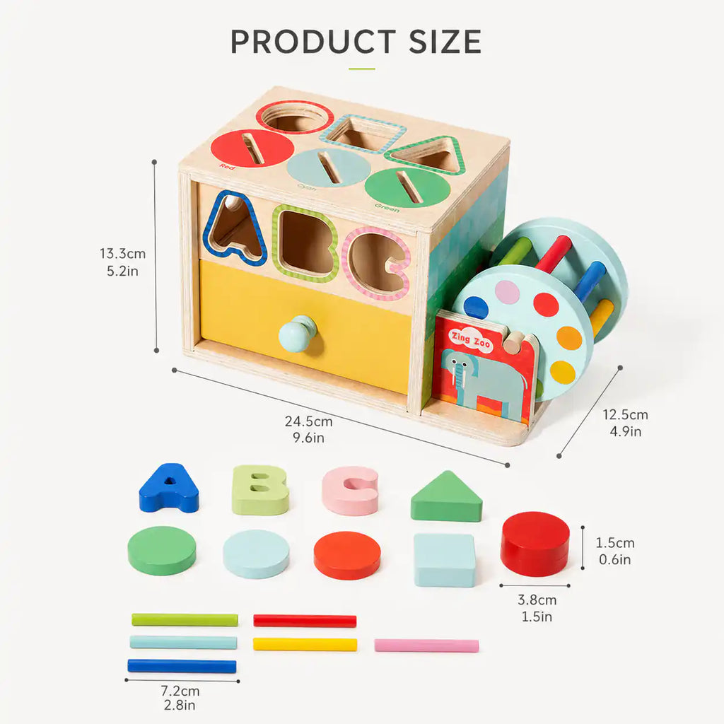 Wooden 6-in-1 activity cube dimensions diagram showing 24.5 by 13.3 by 12.5 centimeters cube and individual piece sizes
