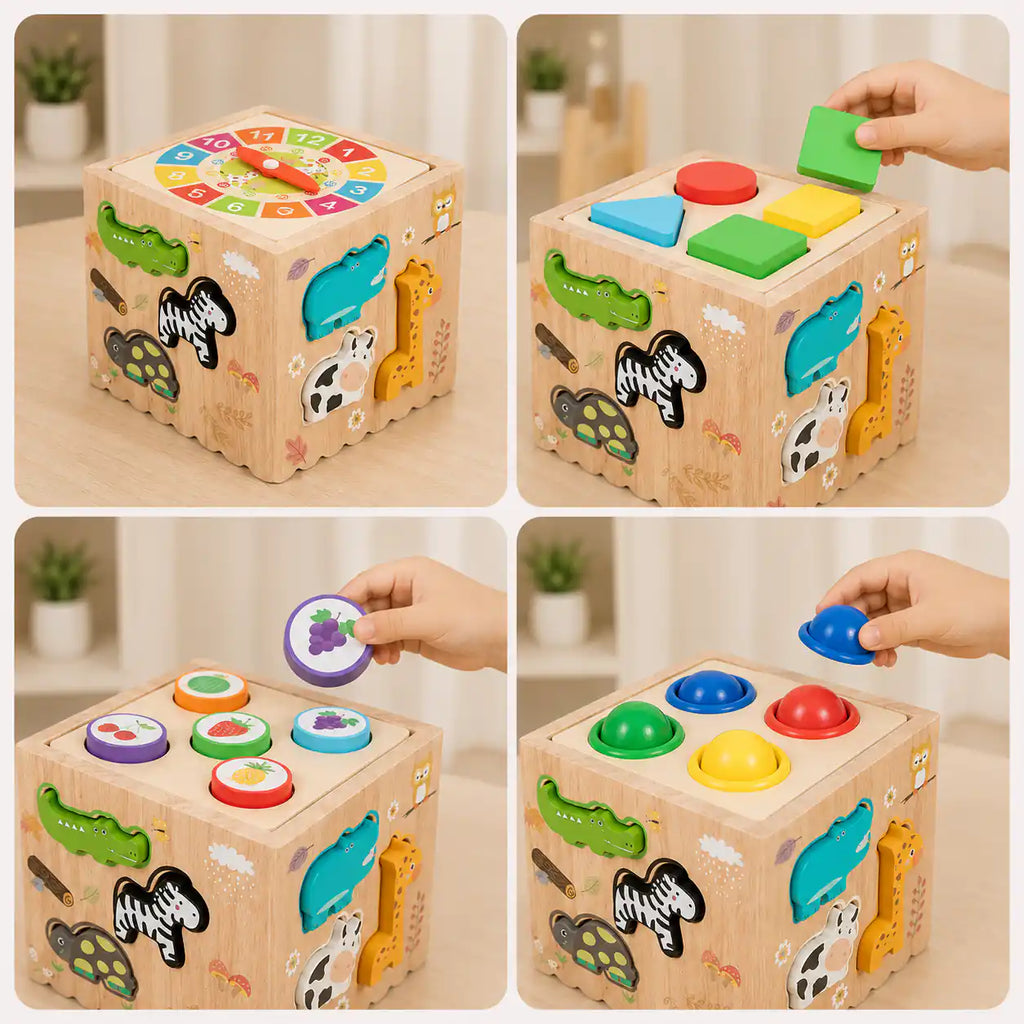 Four interchangeable activity tops on the wooden cube including learning clock, geometric shape sorter, fruit memory discs, and colored whack-a-mole domes